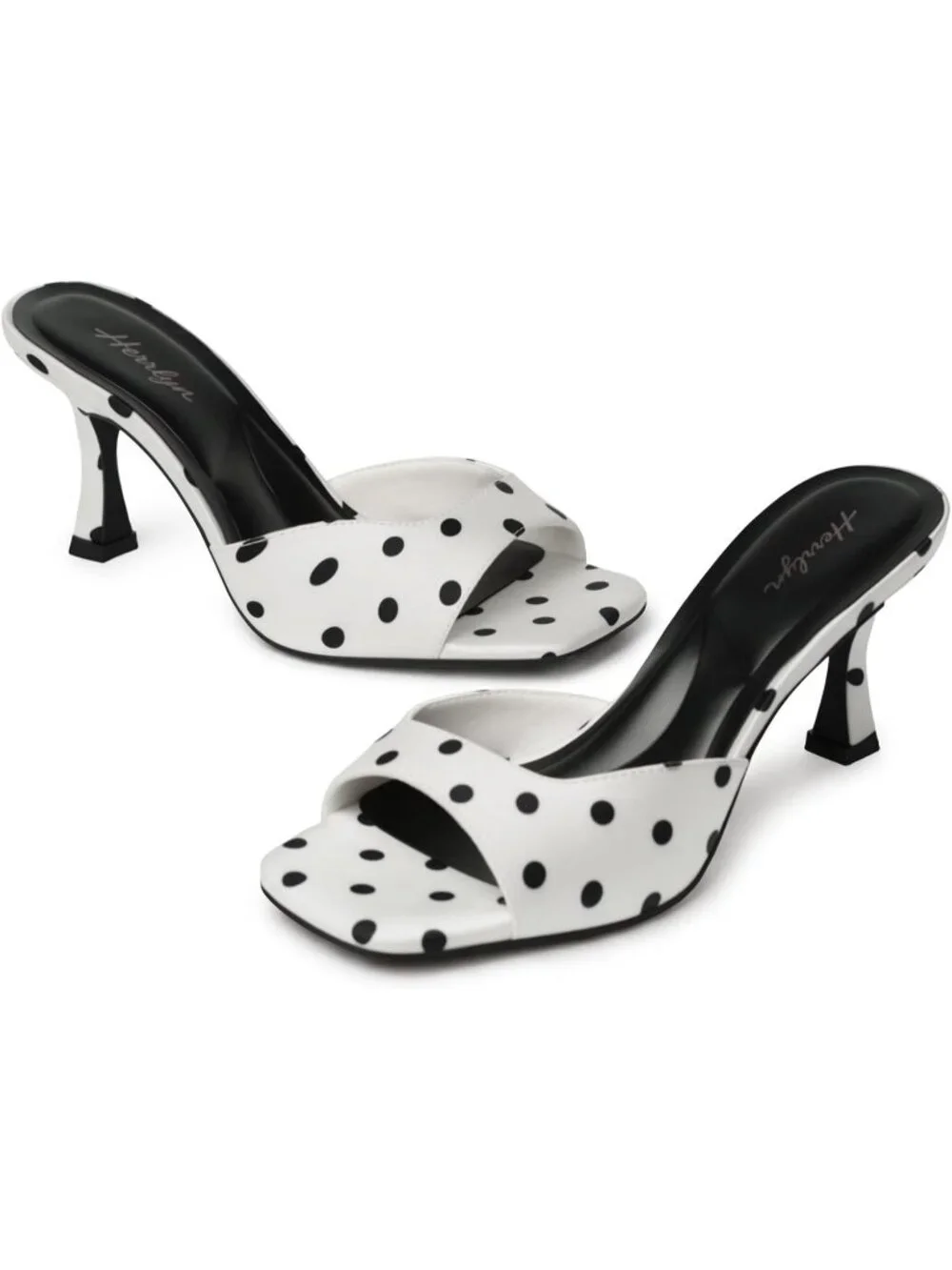 Women's White Polka Dots Summer Square Toe Slingback Sexy Backless Heeled Sandal